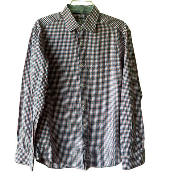 Bugatchi Uomo Plaid Button Down Flip Cuff Micro Check Red White Blue 15 1/2 Med - Picture 1 of 10